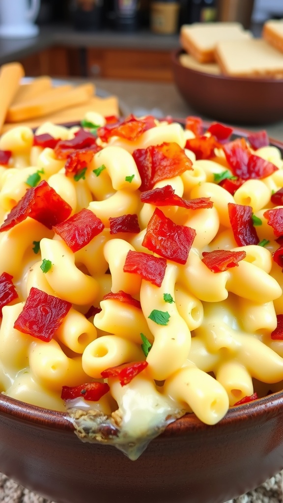 Creamy 5-cheese mac and cheese topped with crispy bacon in a rustic bowl.